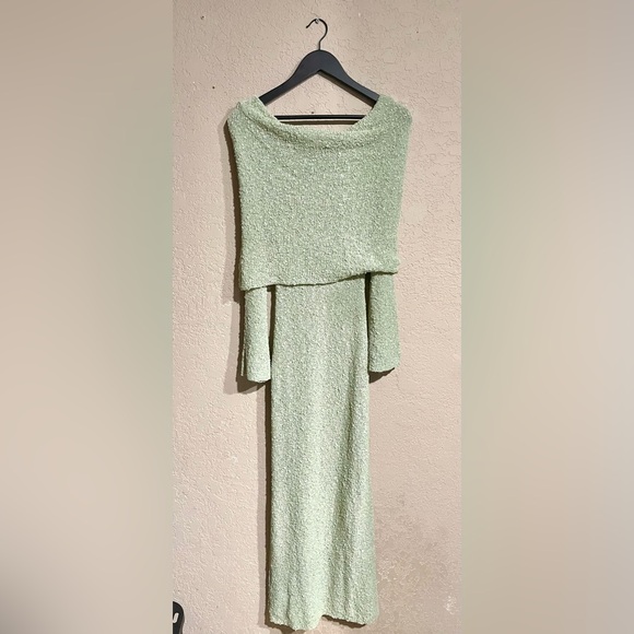 MESHKI | NEW! Marisol Off Shoulder Boucle Maxi Dress - Pastel Sage Green - Picture 3 of 5